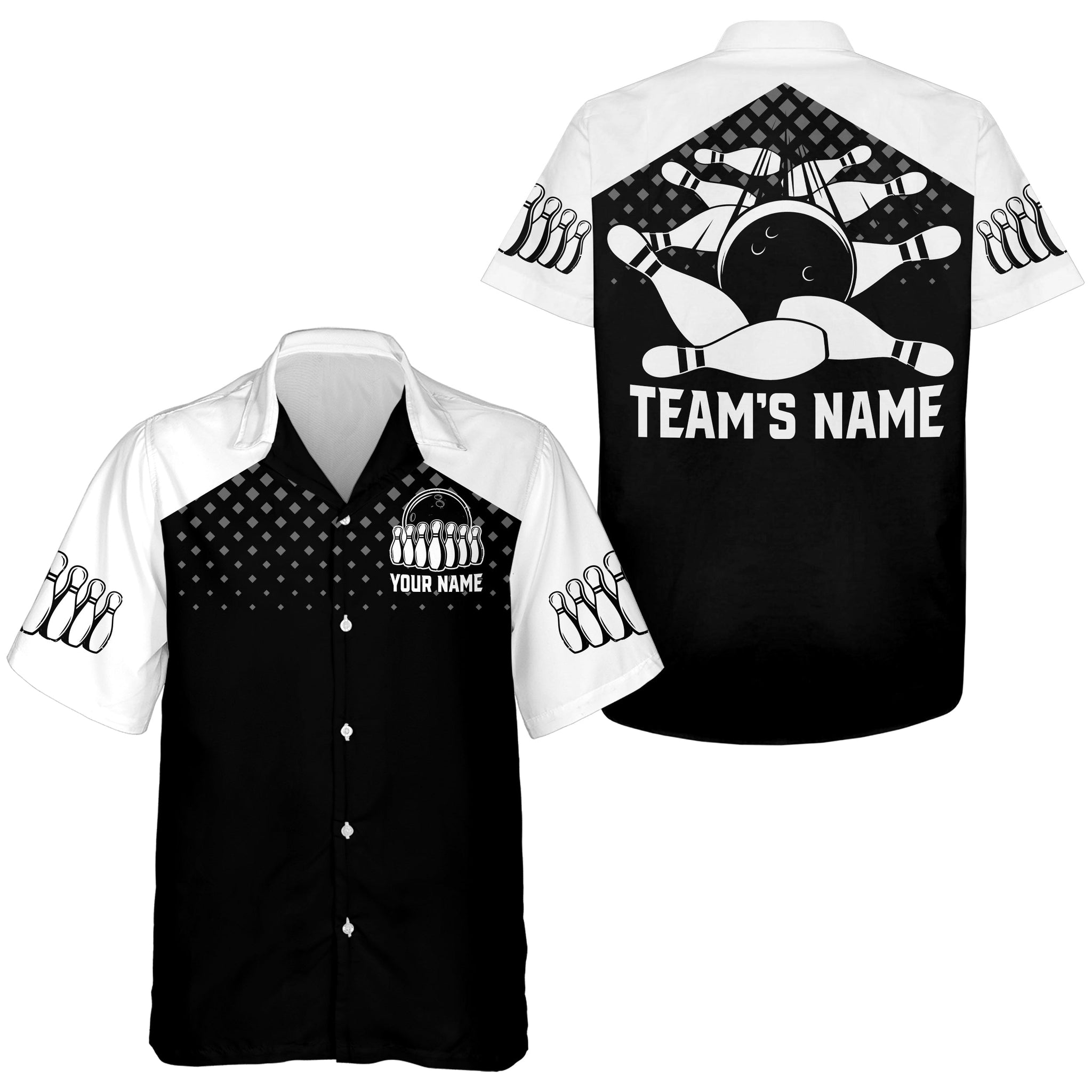 Hawaiian Bowling Shirt For Men Women Custom Bowling Hawaiian Black White Bowling Shirt For Team