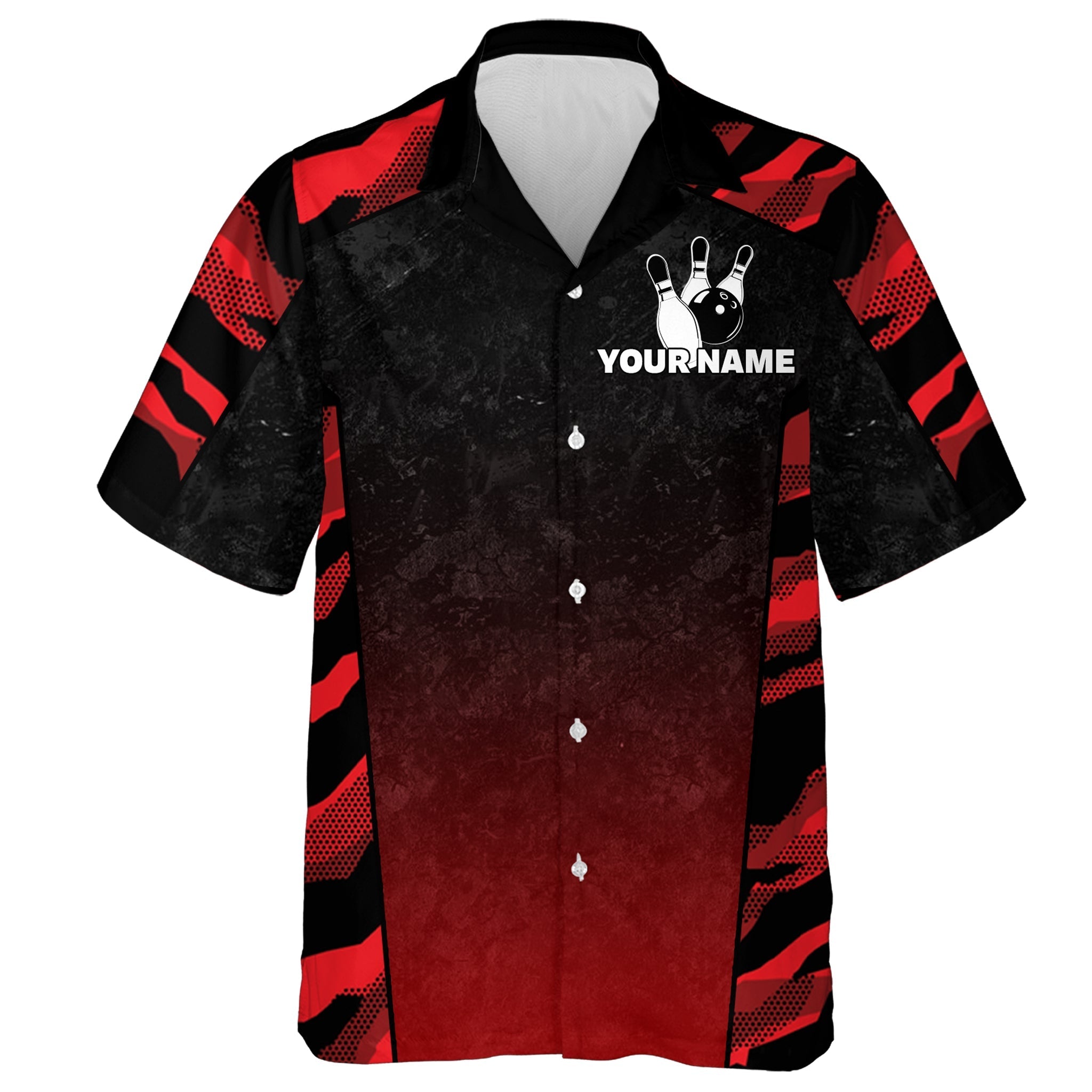 Red Camo Hawaiian Bowling Shirt For Men/ Custom Name Team Name Bowling Jersey Strike Bowling Shirt