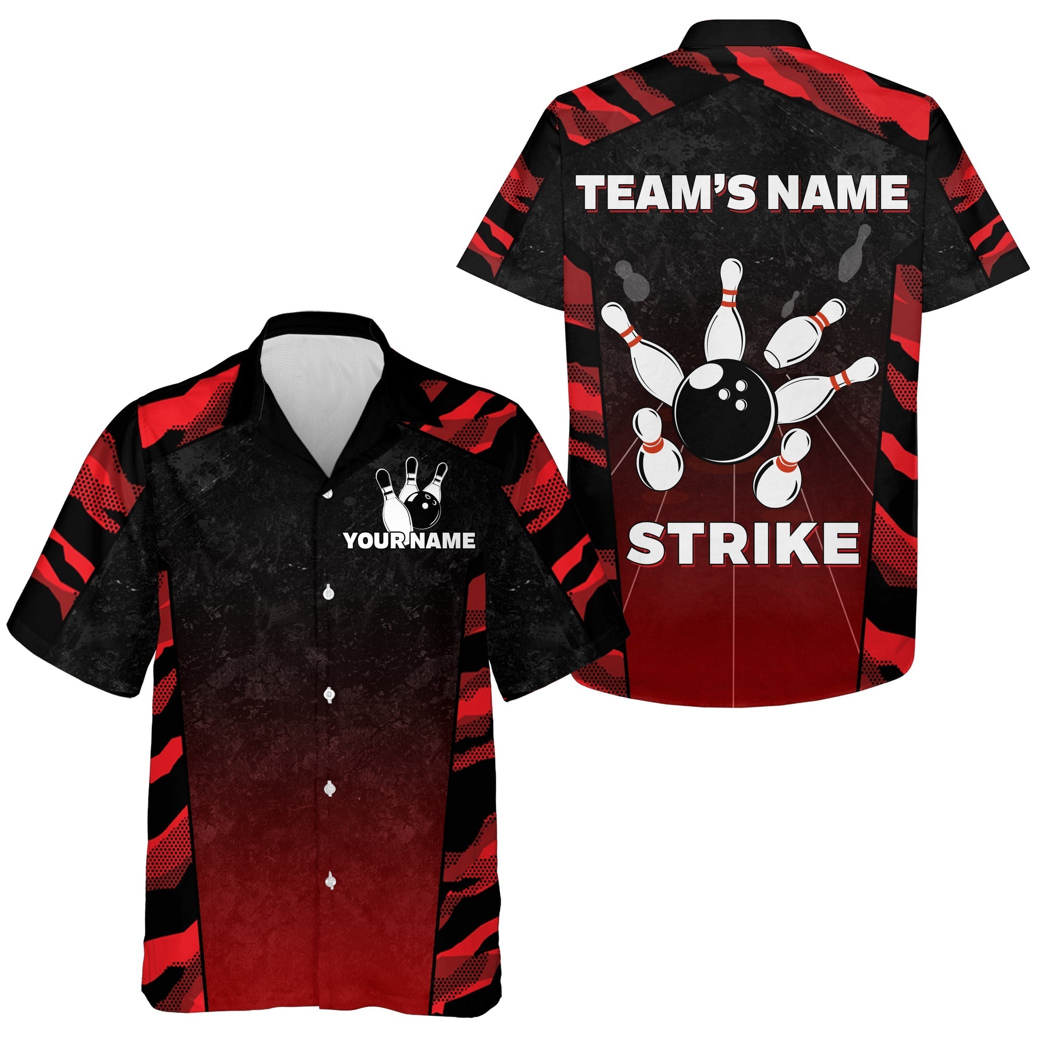 Red Camo Hawaiian Bowling Shirt For Men/ Custom Name Team Name Bowling Jersey Strike Bowling Shirt