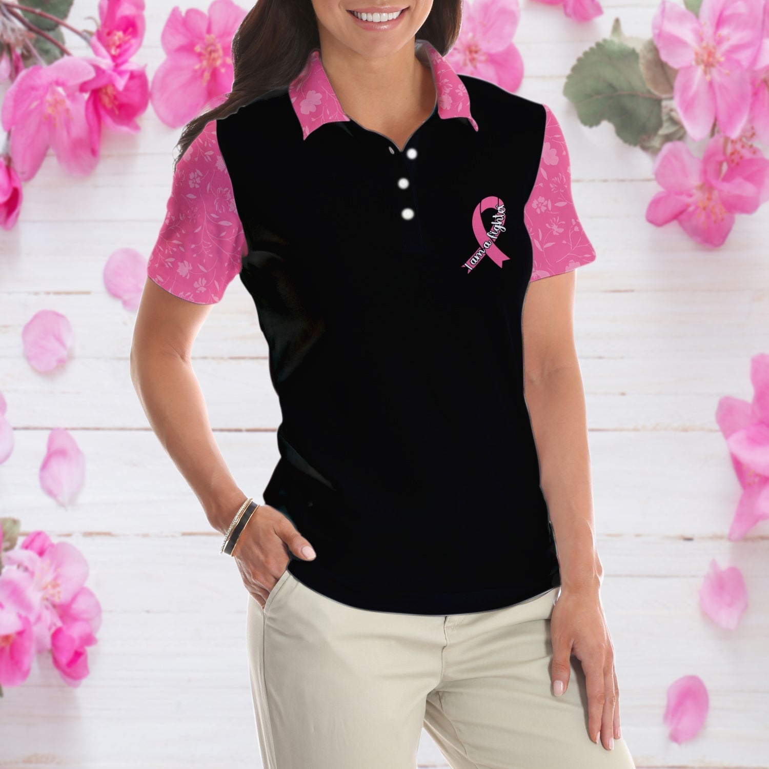 I Am A Breast Cancer Fighter Pink Flowers Awareness Ribbon Women Polo Shirt/ Breast Cancer Awareness Polo Shirt For Ladies Coolspod