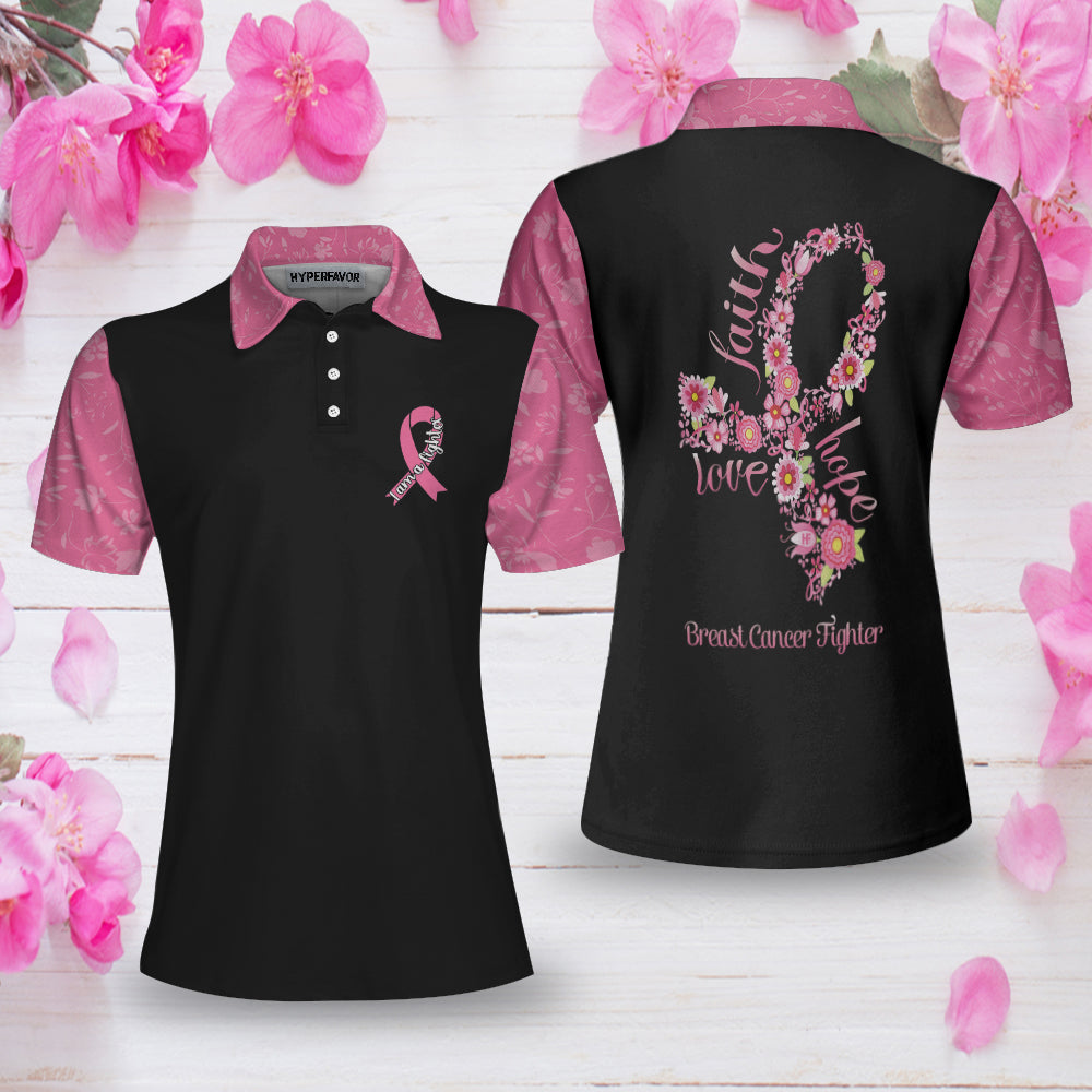 I Am A Breast Cancer Fighter Pink Flowers Awareness Ribbon Women Polo Shirt/ Breast Cancer Awareness Polo Shirt For Ladies Coolspod