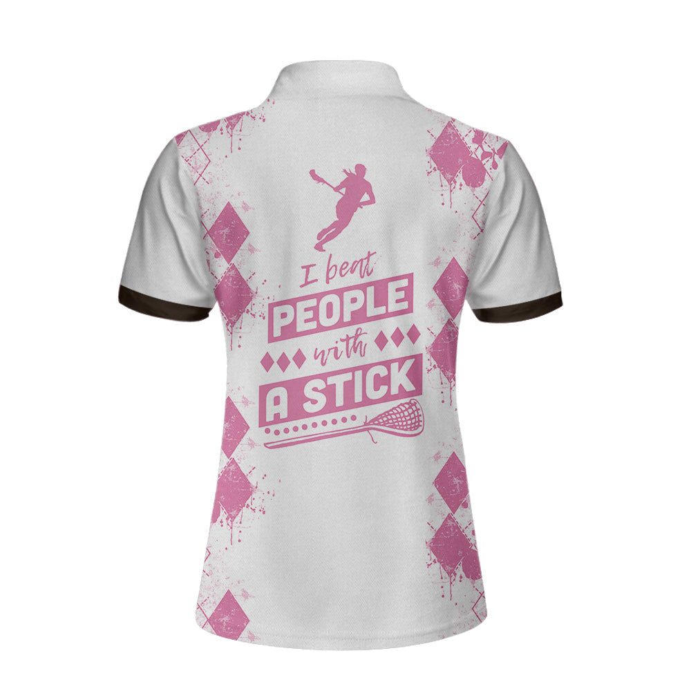 I Beat People With A Stick Lacrosse Short Sleeve Women Polo Shirt/ White And Pink Lacrosse Shirt For Ladies Coolspod