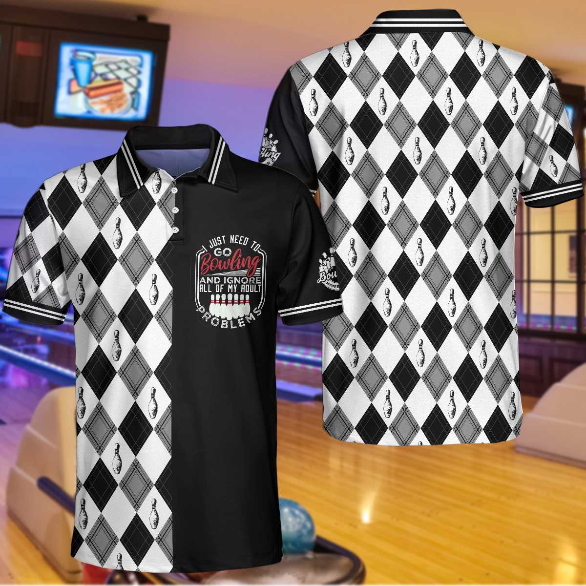 I Just Need To Go Bowling Polo Shirt/ Black And White Argyle Pattern Polo Shirt/ Best Bowling Shirt For Men Coolspod
