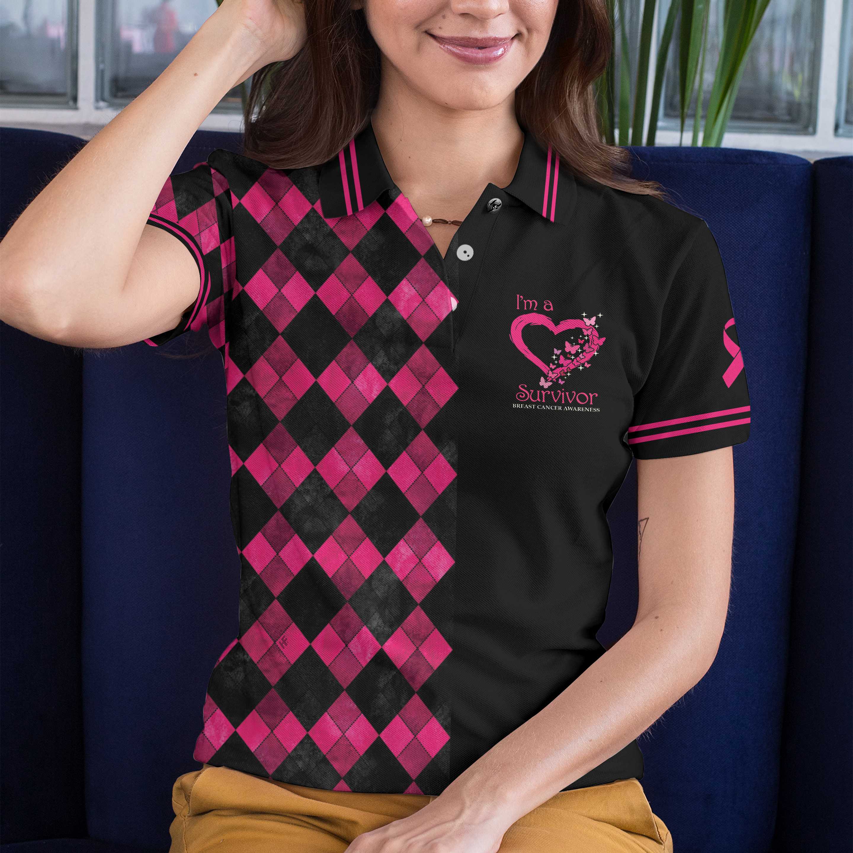 I''M A Survivor Breast Cancer Awareness Short Sleeve Women Polo Shirt/ Black And Pink Argyle Pattern Shirt Coolspod