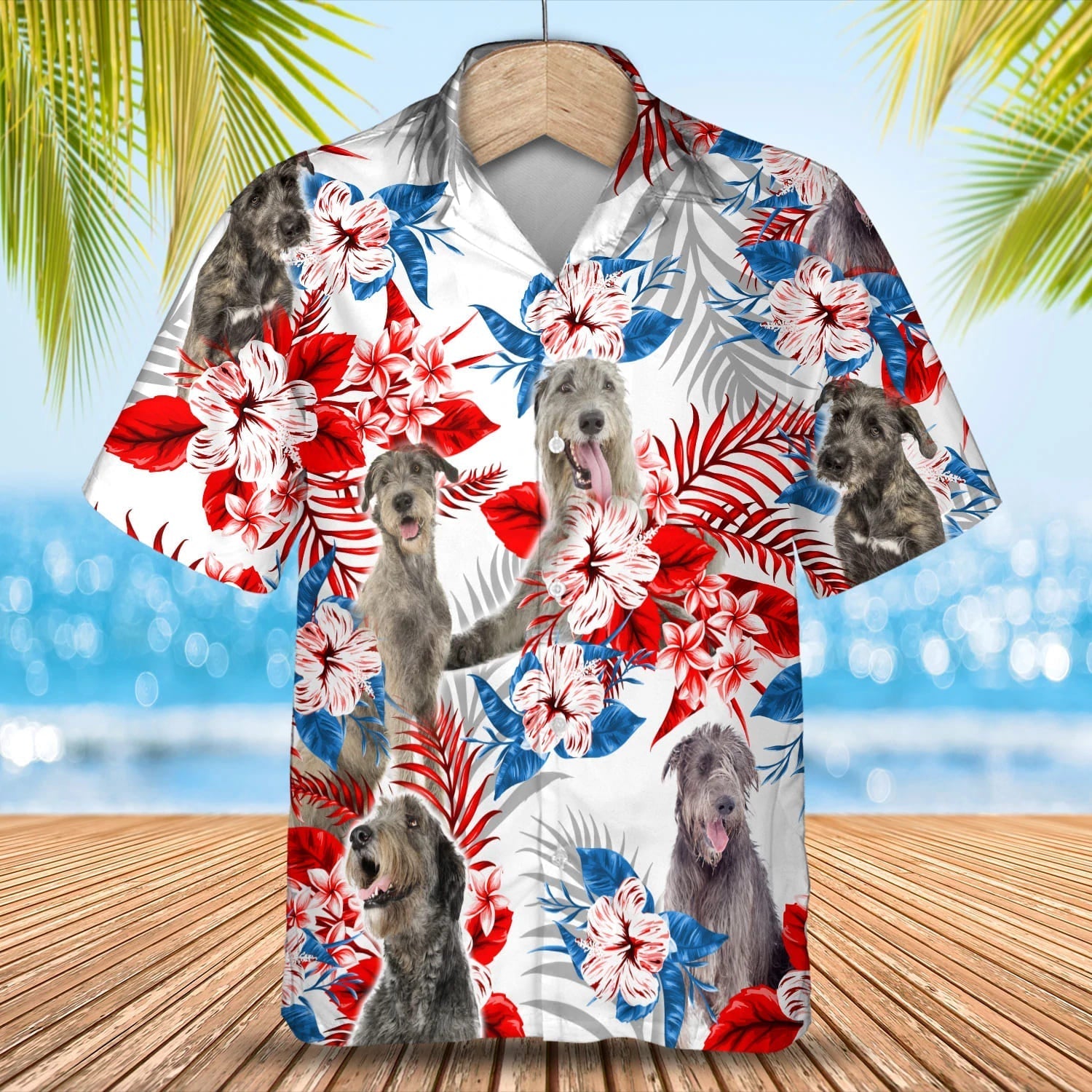 Irish Wolfhound American flag Hawaiian Shirt/ Summer aloha shirt/ Men Hawaiian shirt/ Gift for summer
