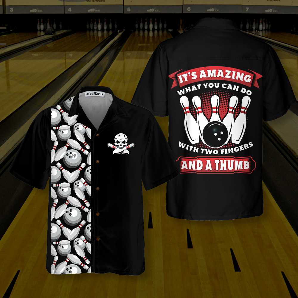 It''S Amazing What You Can Do With Two Fingers And A Thumb Bowling Hawaiian Shirt/ Bowling Pins & Ball Pattern Shirt Coolspod