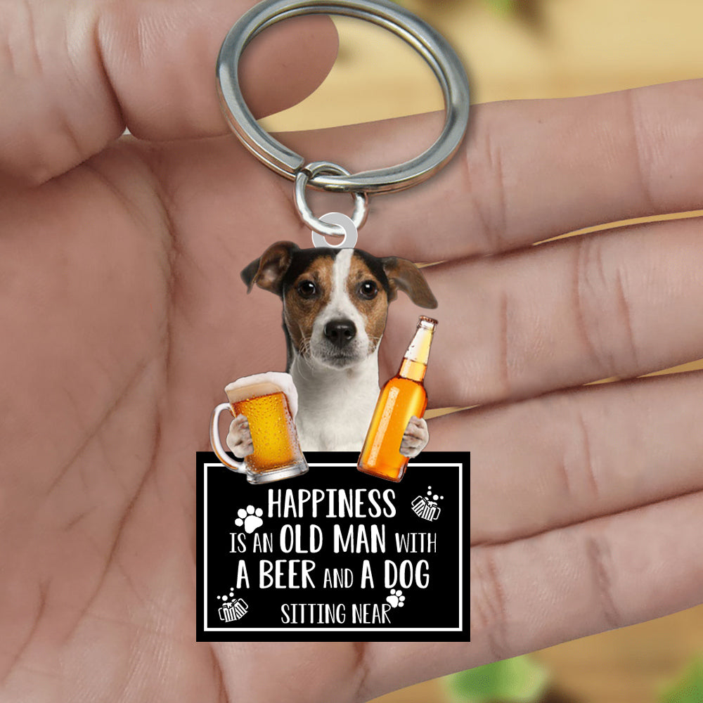 Jack Russell Terrier Happiness Is An Old Man With A Beer And A Dog Sitting Near Acrylic Keychain Coolspod