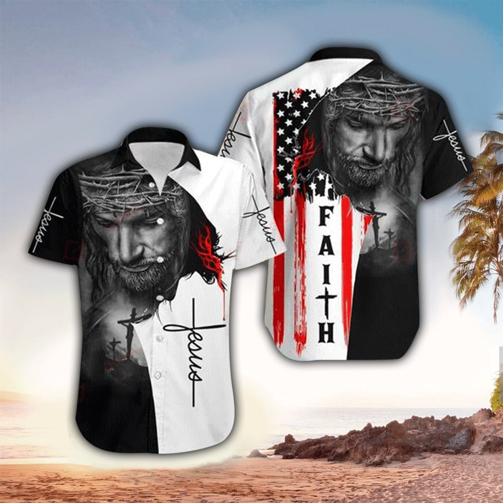Jesus Face Faith American Flag Hawaii Shirt - Christian Hawaiian Shirts For Men & Women