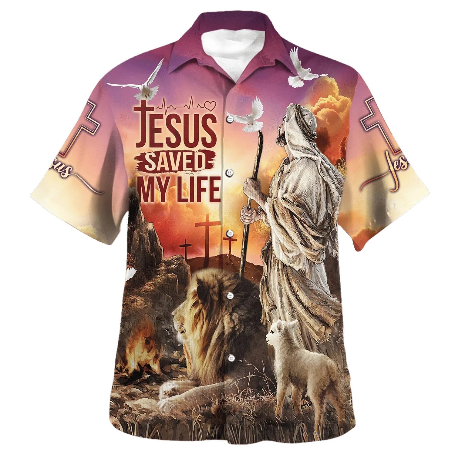 Jesus Saved My Life With The Lamb And Lion Hawaiian Shirt - Christian Hawaiian Shirt - Religious Hawaiian Shirts