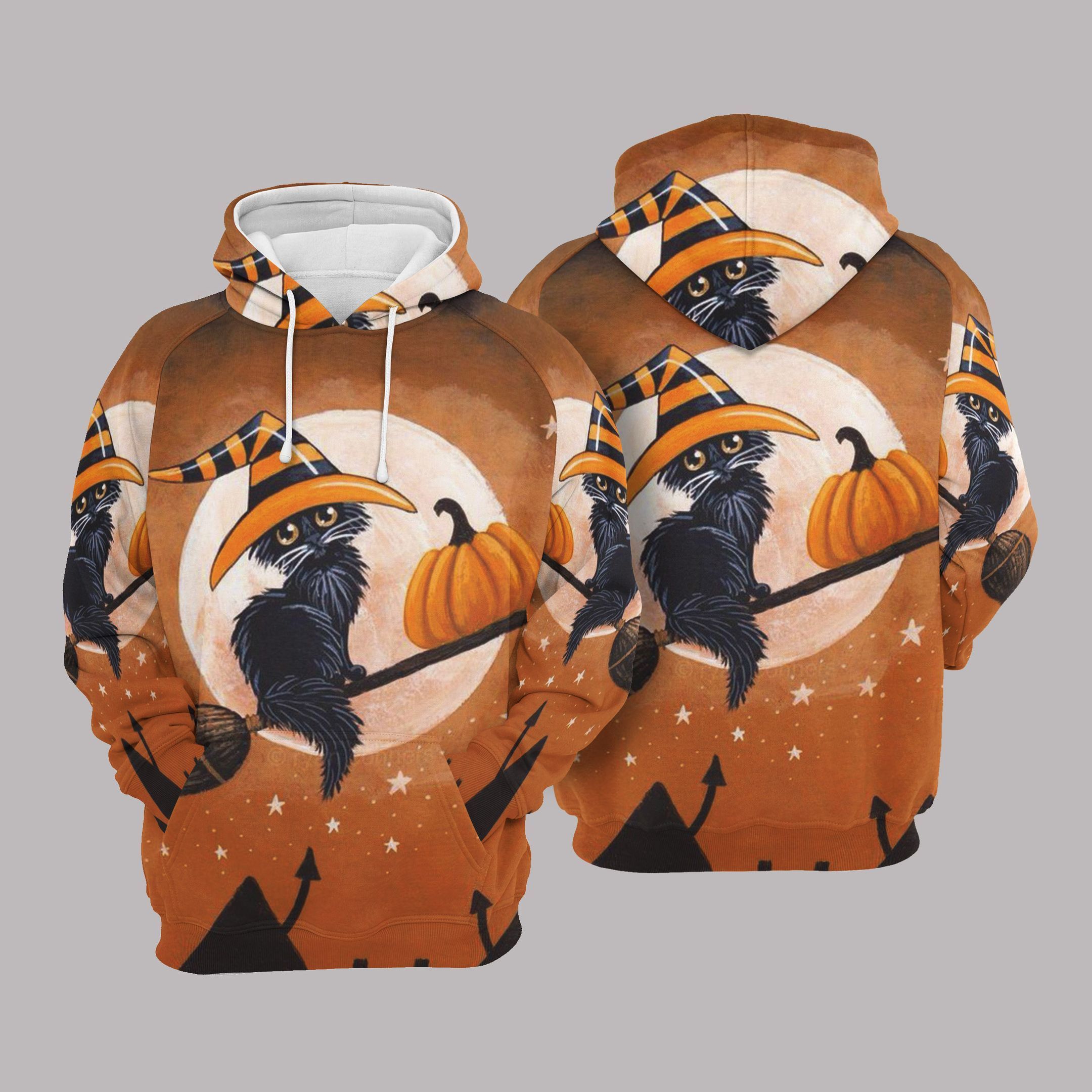 3D All Over Printed Witch Cat And Pumpkin Hoodies/ Black Cat Halloween Hoodies