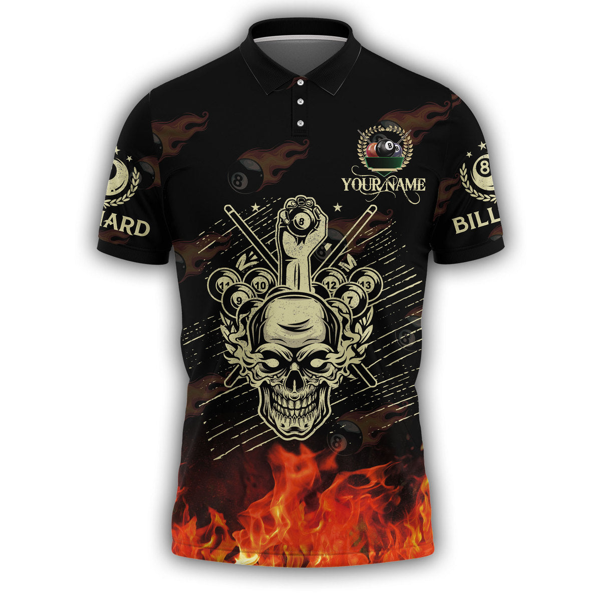 3D All Over Print Skull Billiard Polo Shirt/ Skull Fire Ball Shirt/ Uniform Billiard Team