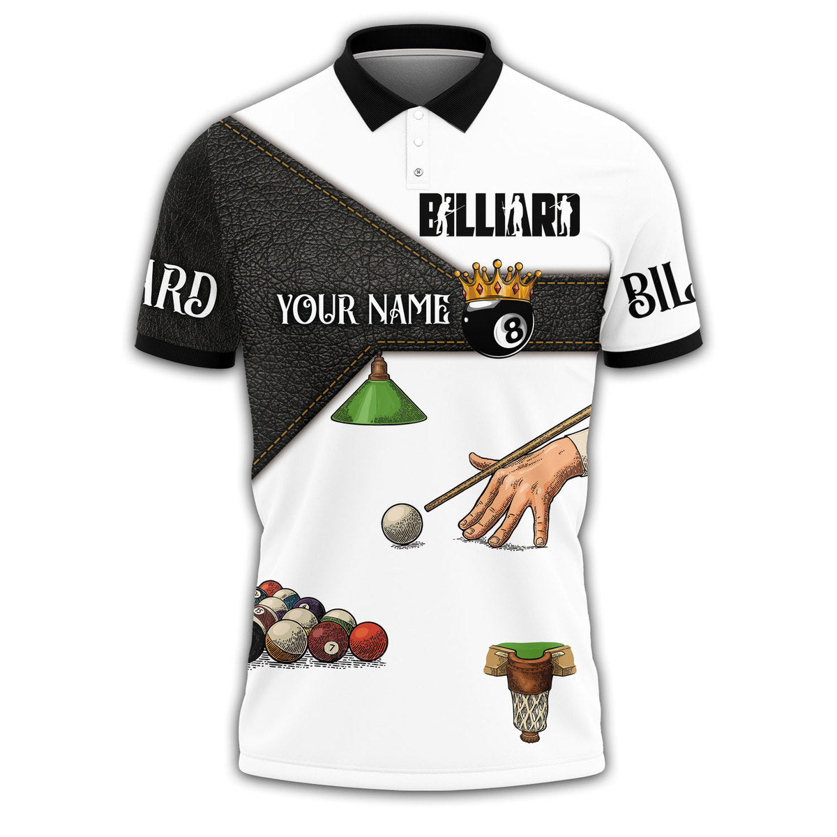 Personalized Black and White Leather Pool Table Billiard Polo Shirt/ Idea Gift for Billiard