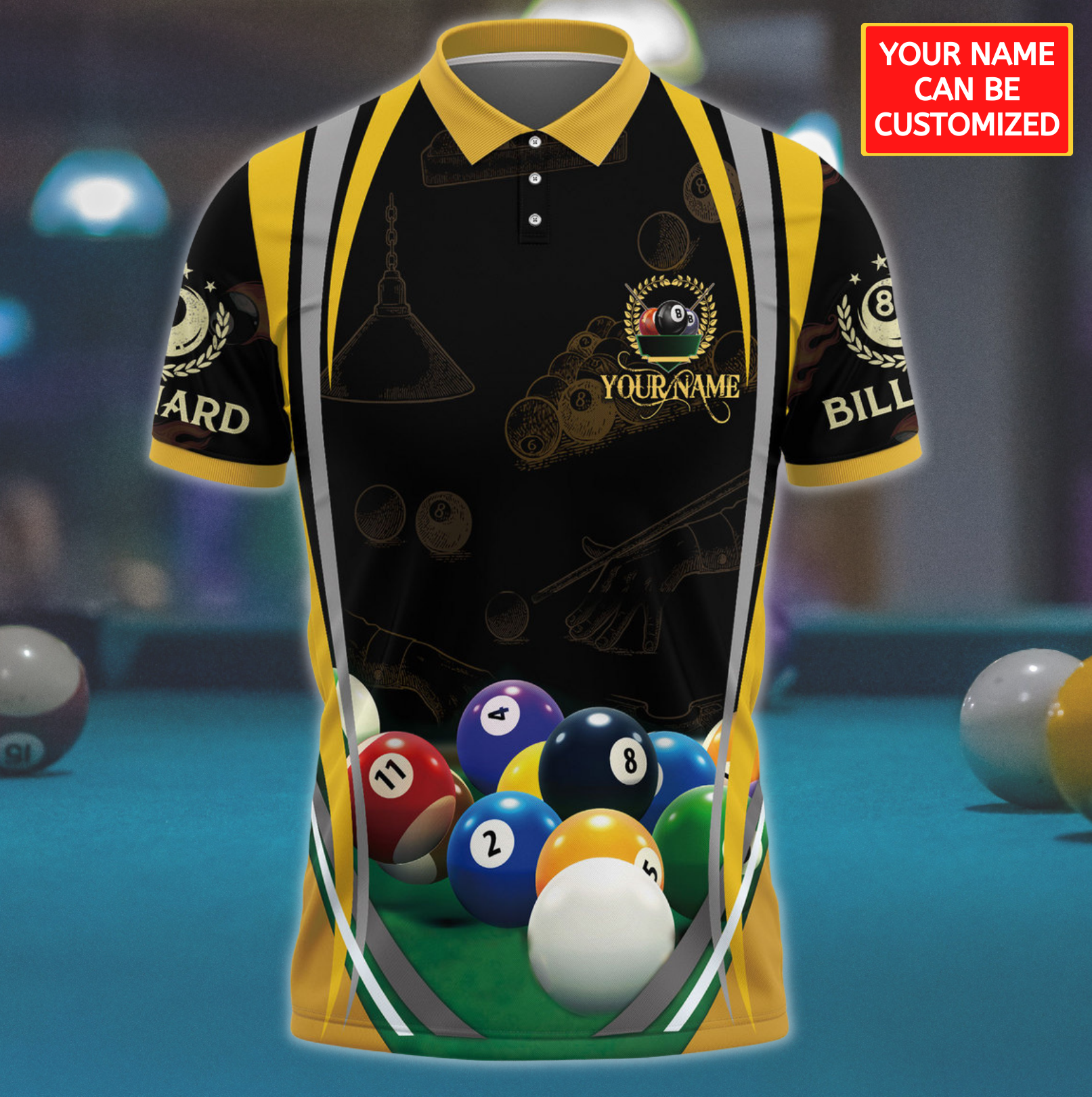 Personalized Name Black and Yellow Pool Table Billiard Polo Shirt/ Cool Shirt for Pool Player