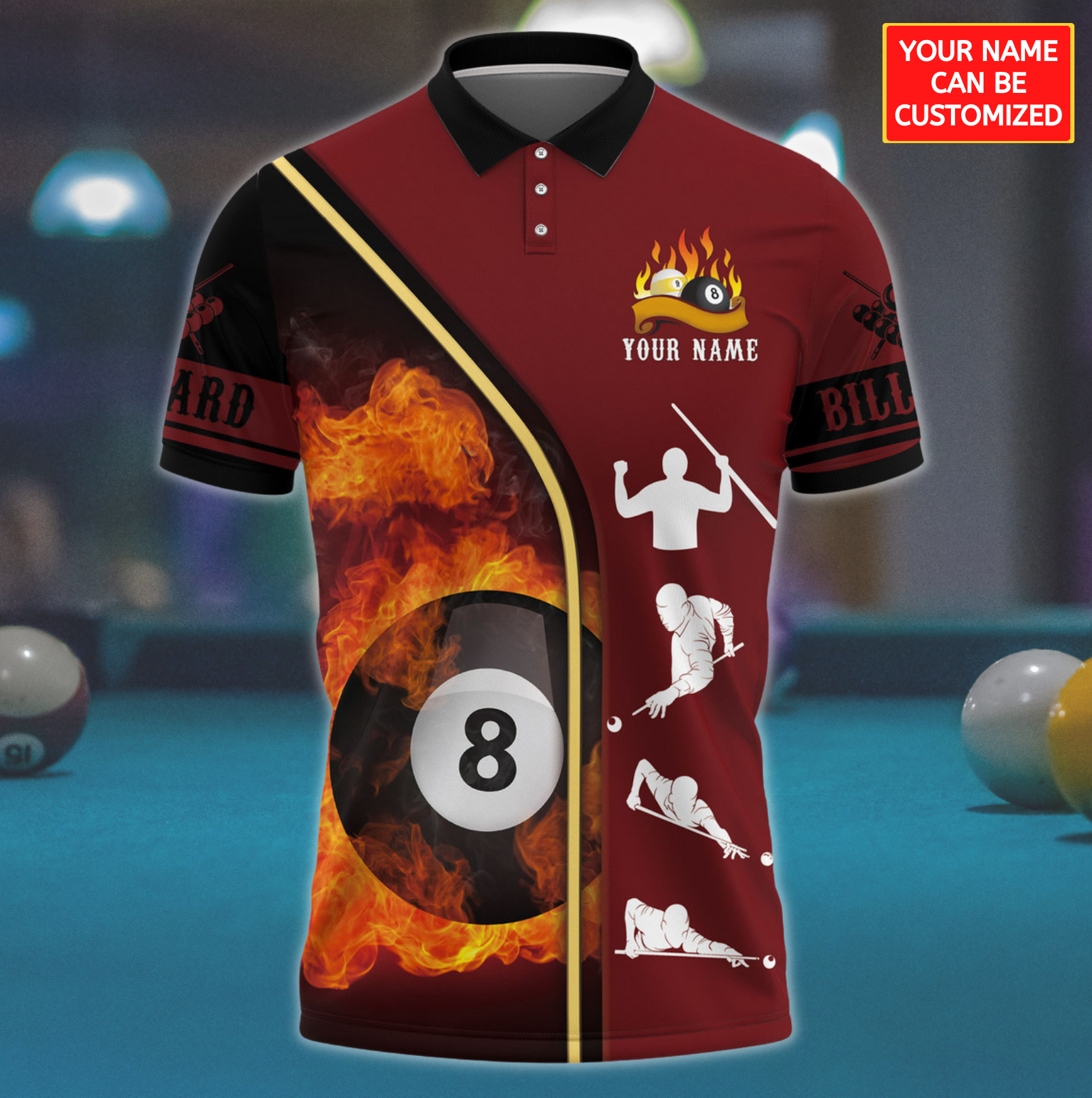 3D All Over Print Ball On Fire With Billiards Stance Polo Shirt/ Funny Billiards Shirt