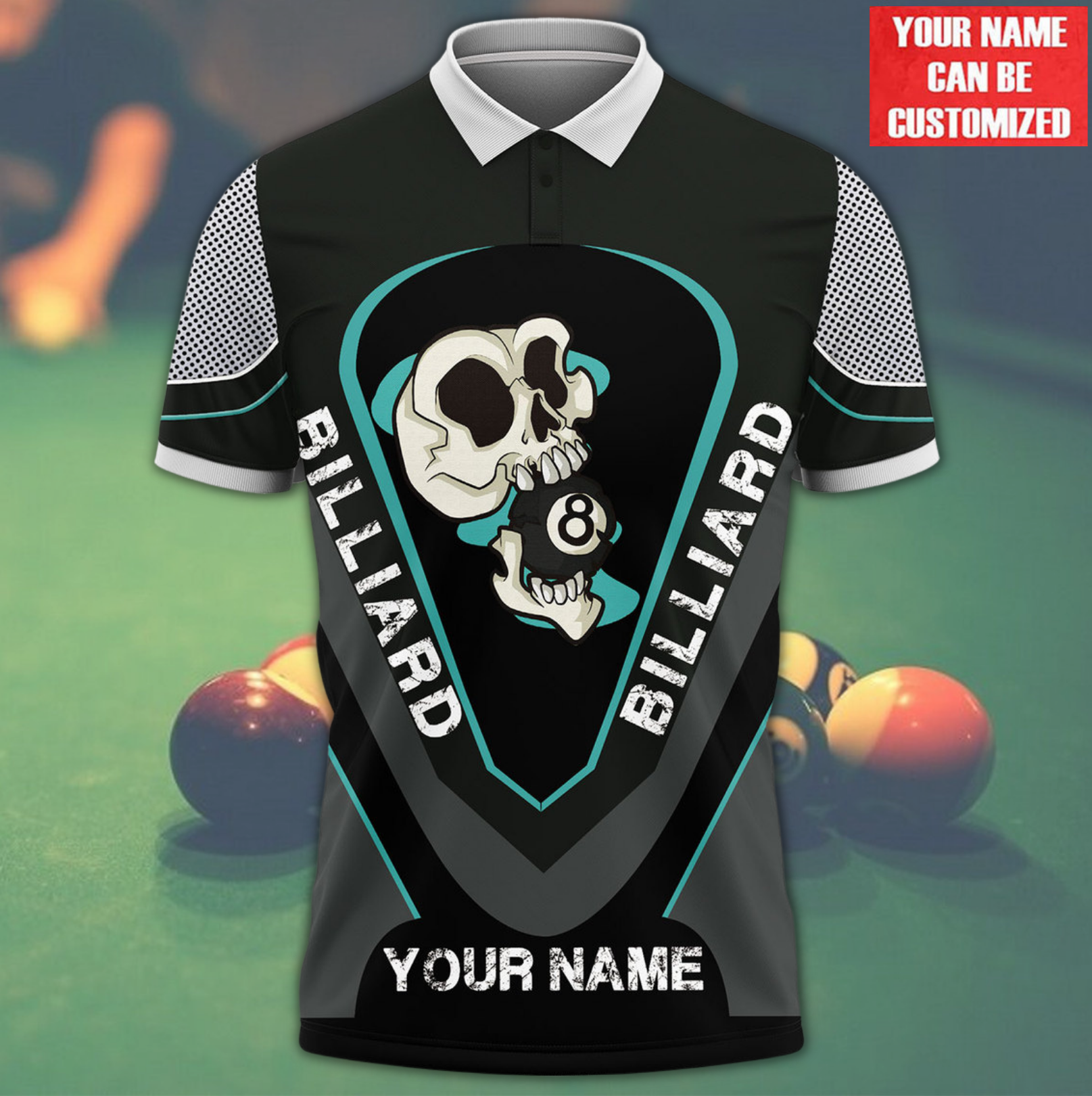 Personalized Name Billiard All Over Printed Unisex Polo Shirt/ Skull With Ball 8/ Shirt for Billiard Lover