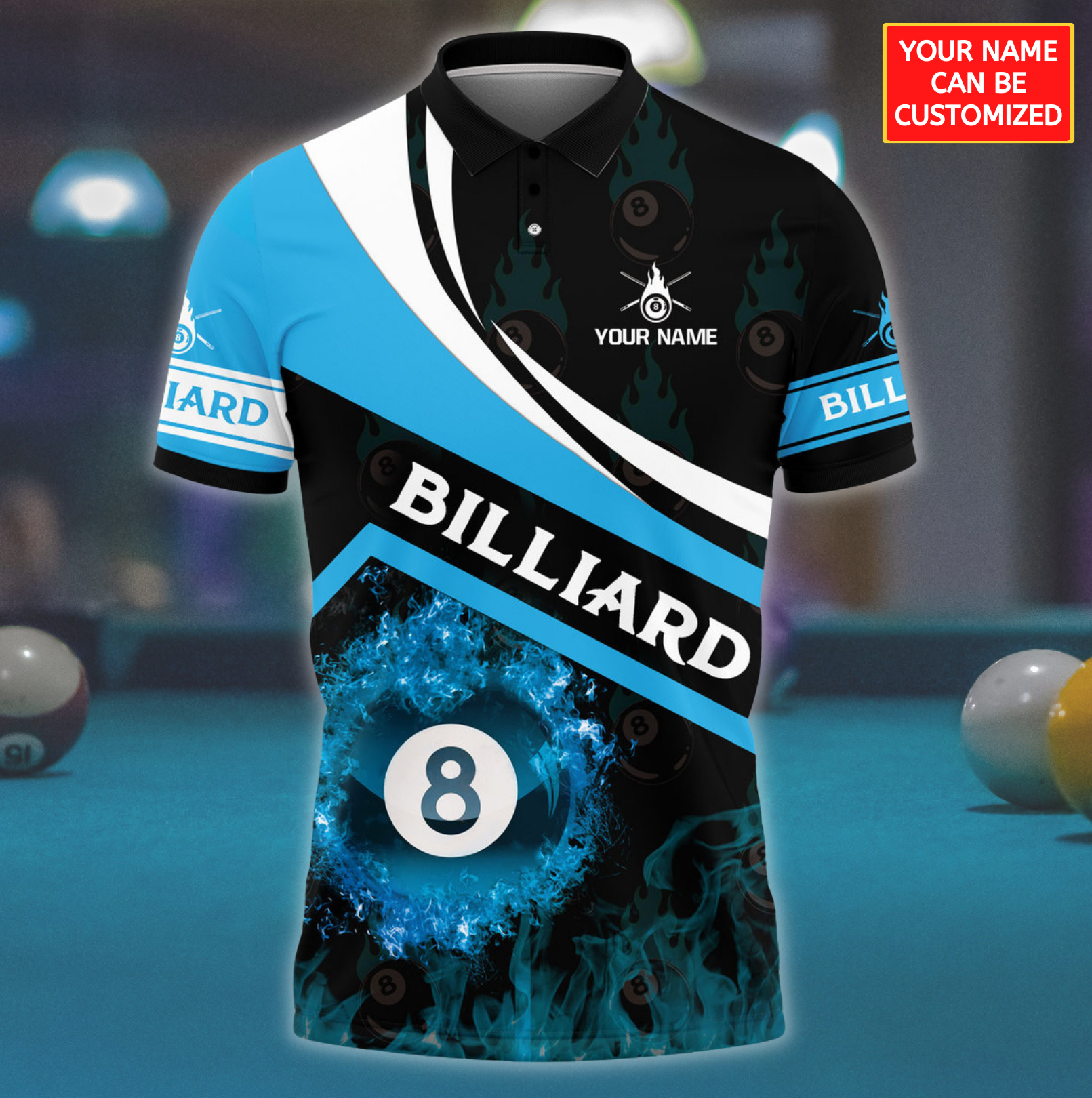 3D All Over Print Blue Fire With Ball 8 Billiard Polo Shirt/ Billiard Lover Gift