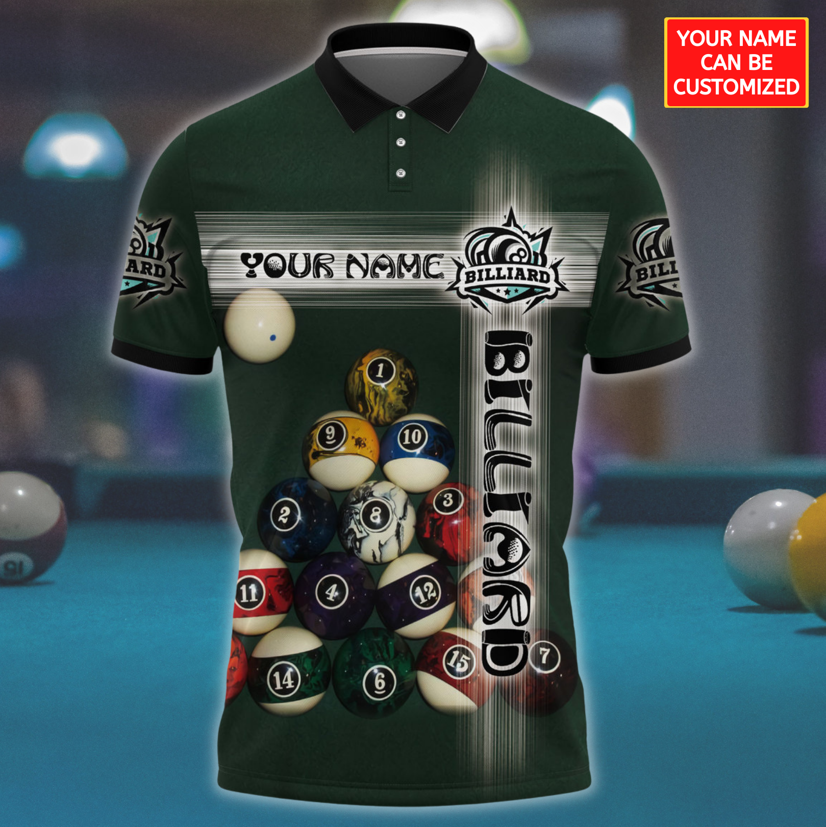 3D All Over Print Green Custom Name Billiard Unisex Polo Shirt/ Cool Gift for Pool Player