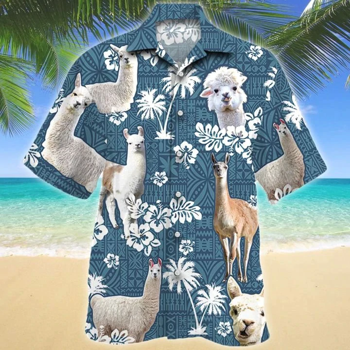 Llama Blue Tribal Pattern Hawaiian Shirt/ Animal Llama Hawaiian shirts/ Llama aloha shirt for men/ Hawaii shirt woman