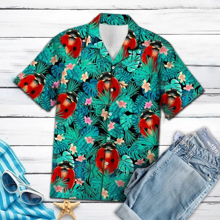Ladybug Tropical Palm Leaves Summer Vacation Hawaiian Shirt