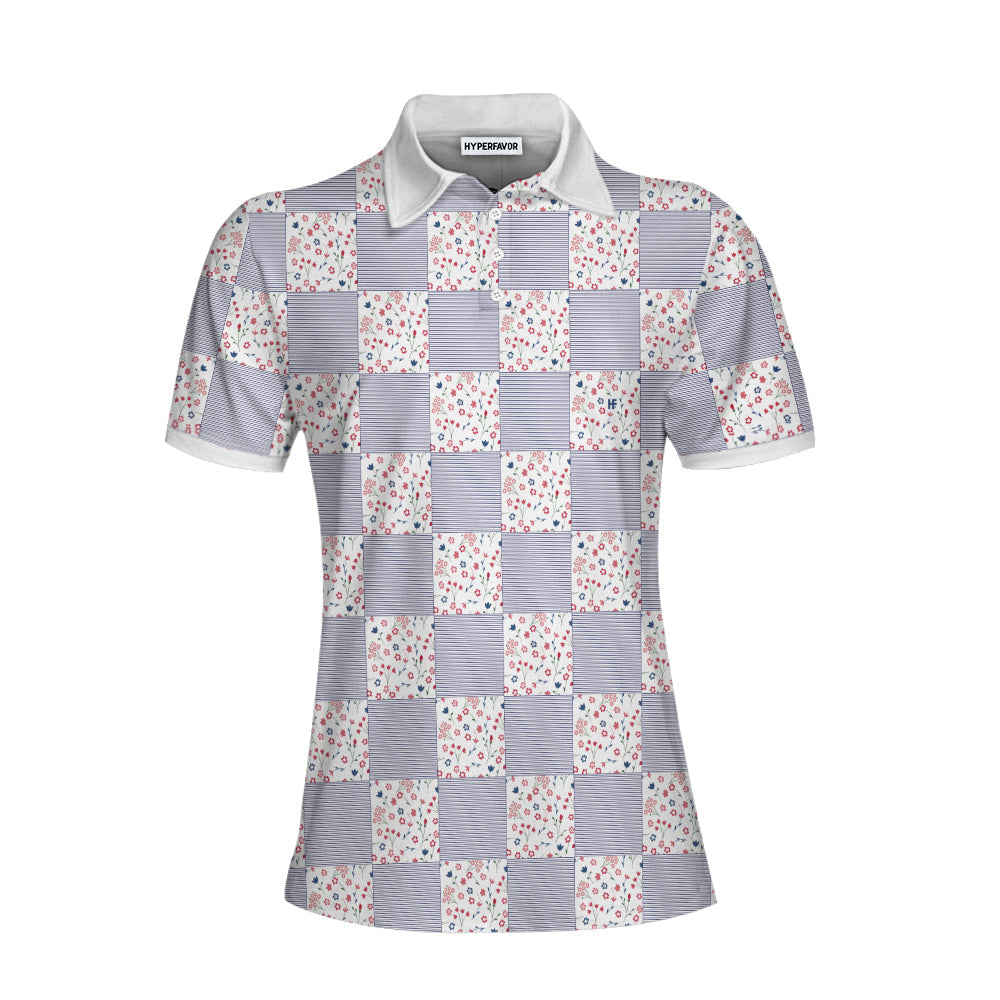 Little Flowers Blue Pink Plaid Short Sleeve Women Polo Shirt Coolspod