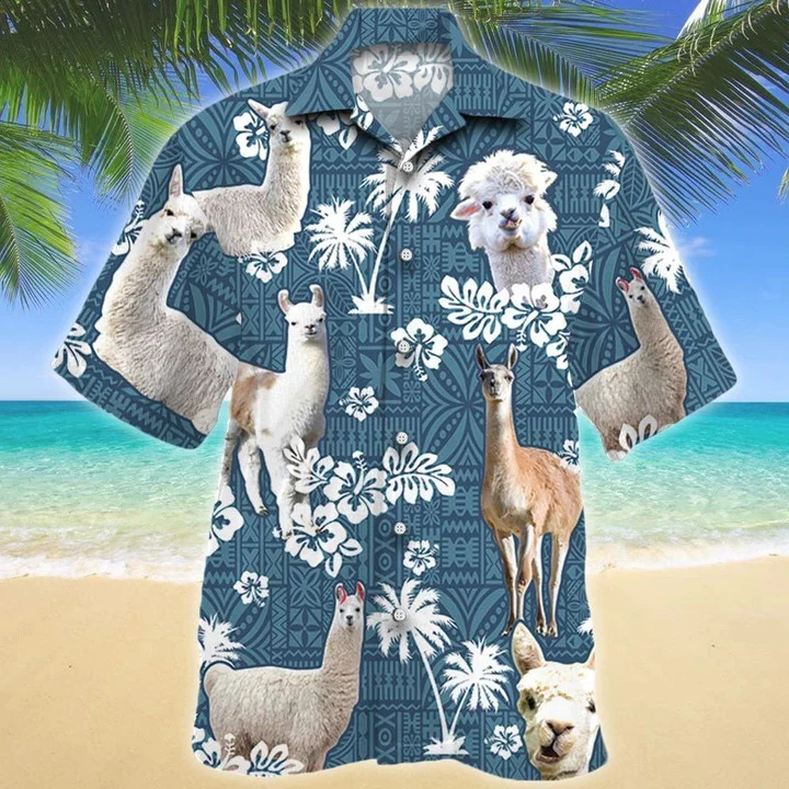 Llama Blue Tribal Hibiscus On Denim Jean Pattern Hawaiian Shirt