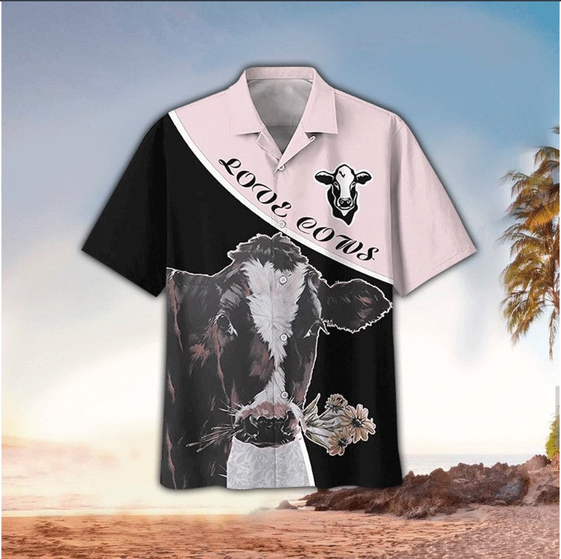 Love Cows Cow Flower Art Casual Button Down Short Sleeves Unisex Hawaiian Shirt/ Hawaii Shirt Men