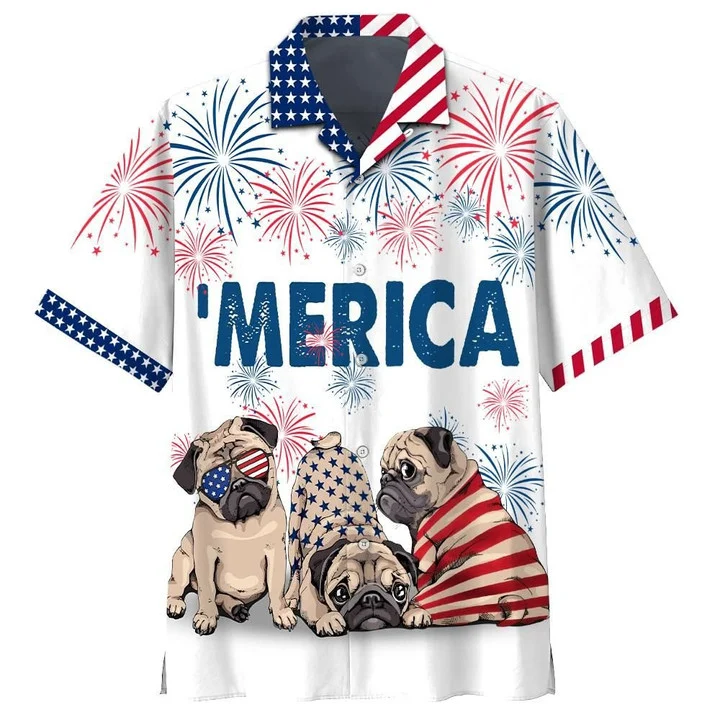 Love Pug 4th of july Hawaiian Shirt/ Independence Day hawaii shirt for Men/ Women