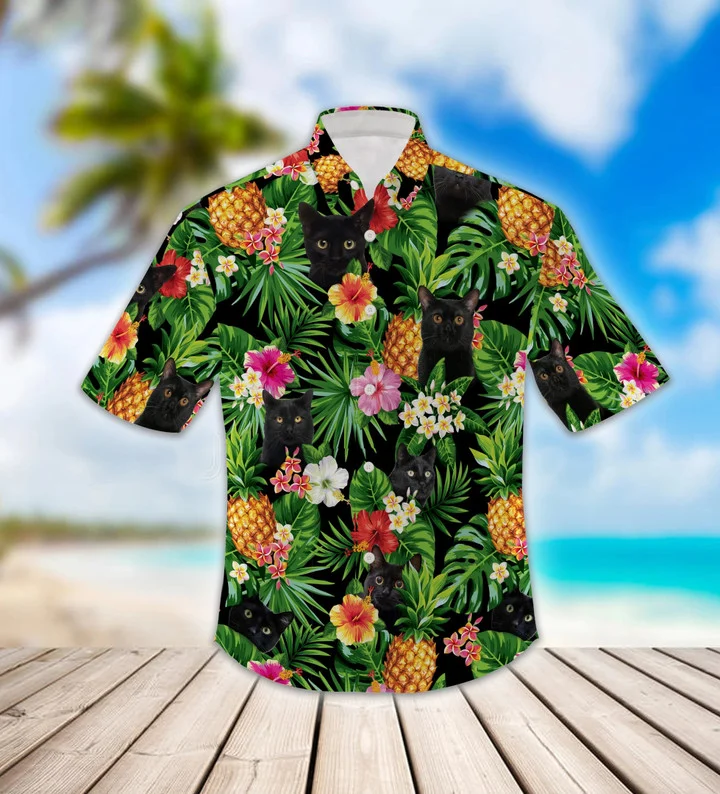 Lovely Black Cat Pineapple Design Hawaiian Shirt