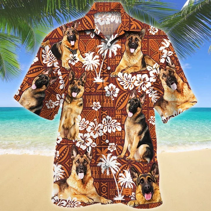 Lovely German Shepherd Dog Lovers Red Tribal Pattern Hawaiian Shirt
