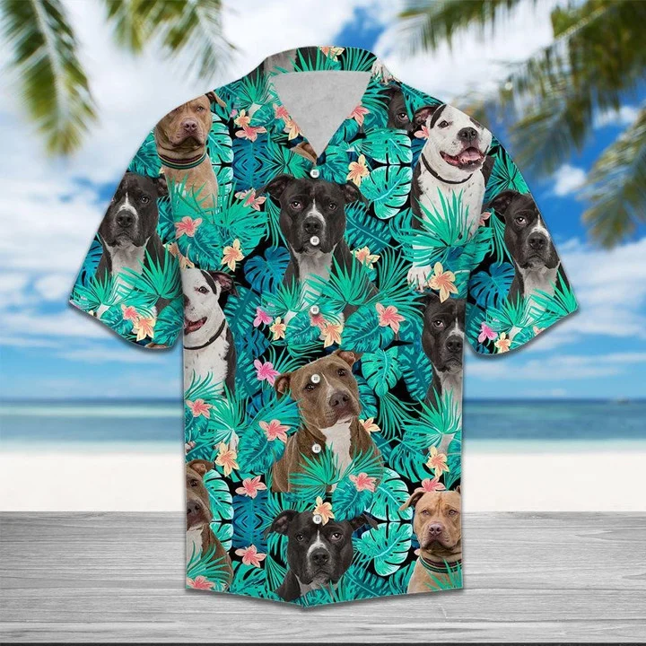 Lovely Pit Bull On Leaves Design Hawaiian Shirt