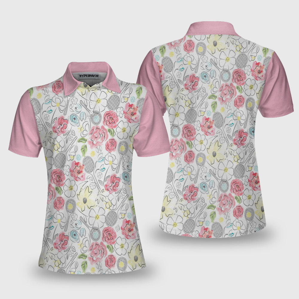 Lovely Pink Floral Tennis Pattern Short Sleeve Women Polo Shirt Coolspod