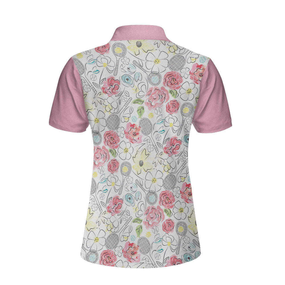 Lovely Pink Floral Tennis Pattern Short Sleeve Women Polo Shirt Coolspod