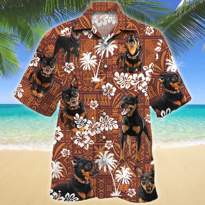 Loyal Miniature Pinscher Dog On Red Tribal Pattern Hawaiian Shirt