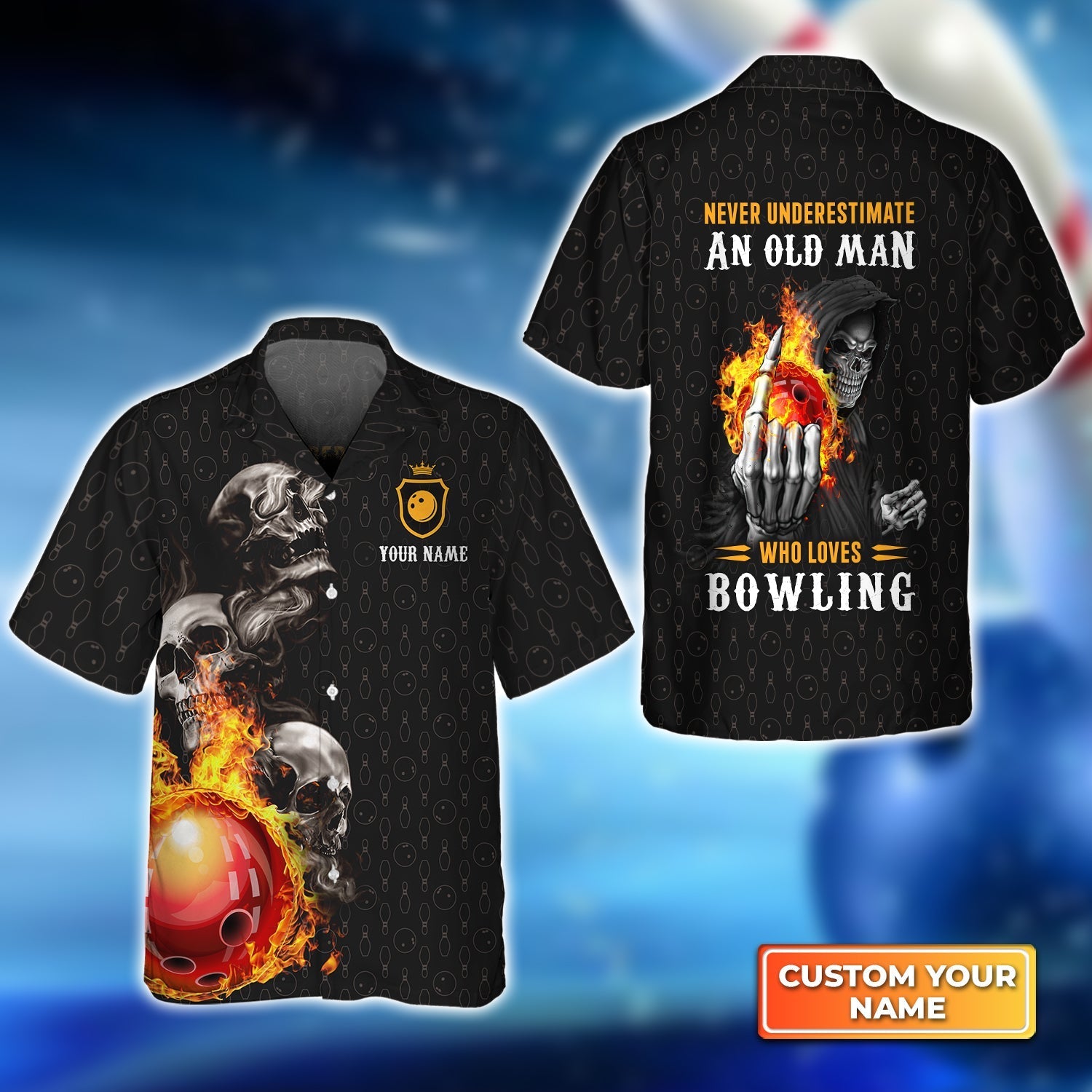 Bowling Skull Never Underestimate An Old Man Who Loves Bowling Personalized Name 3D Hawaiian Shirt