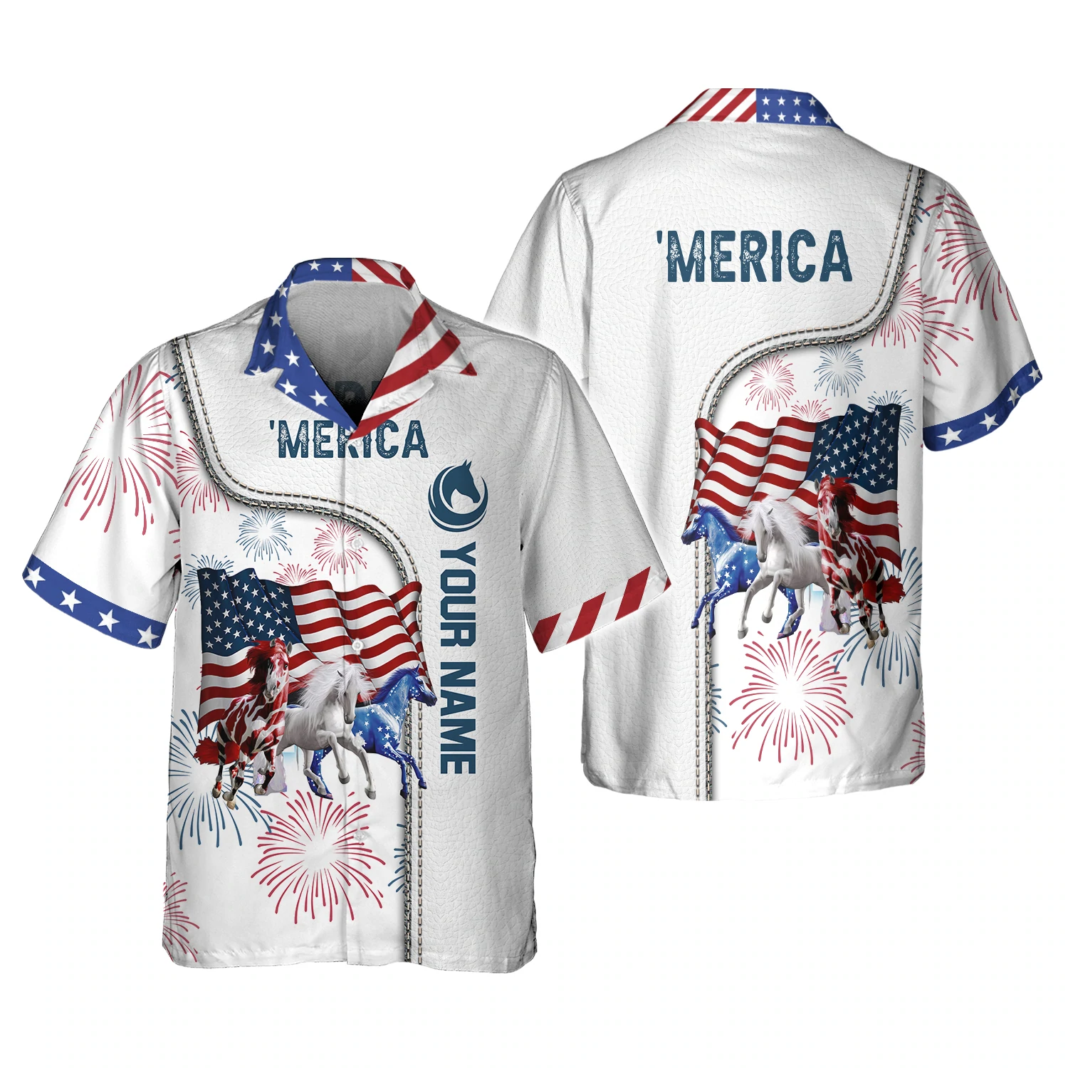 American Horse 4th of july shirt/ Personalized Name 3D Hawaiian Shirt