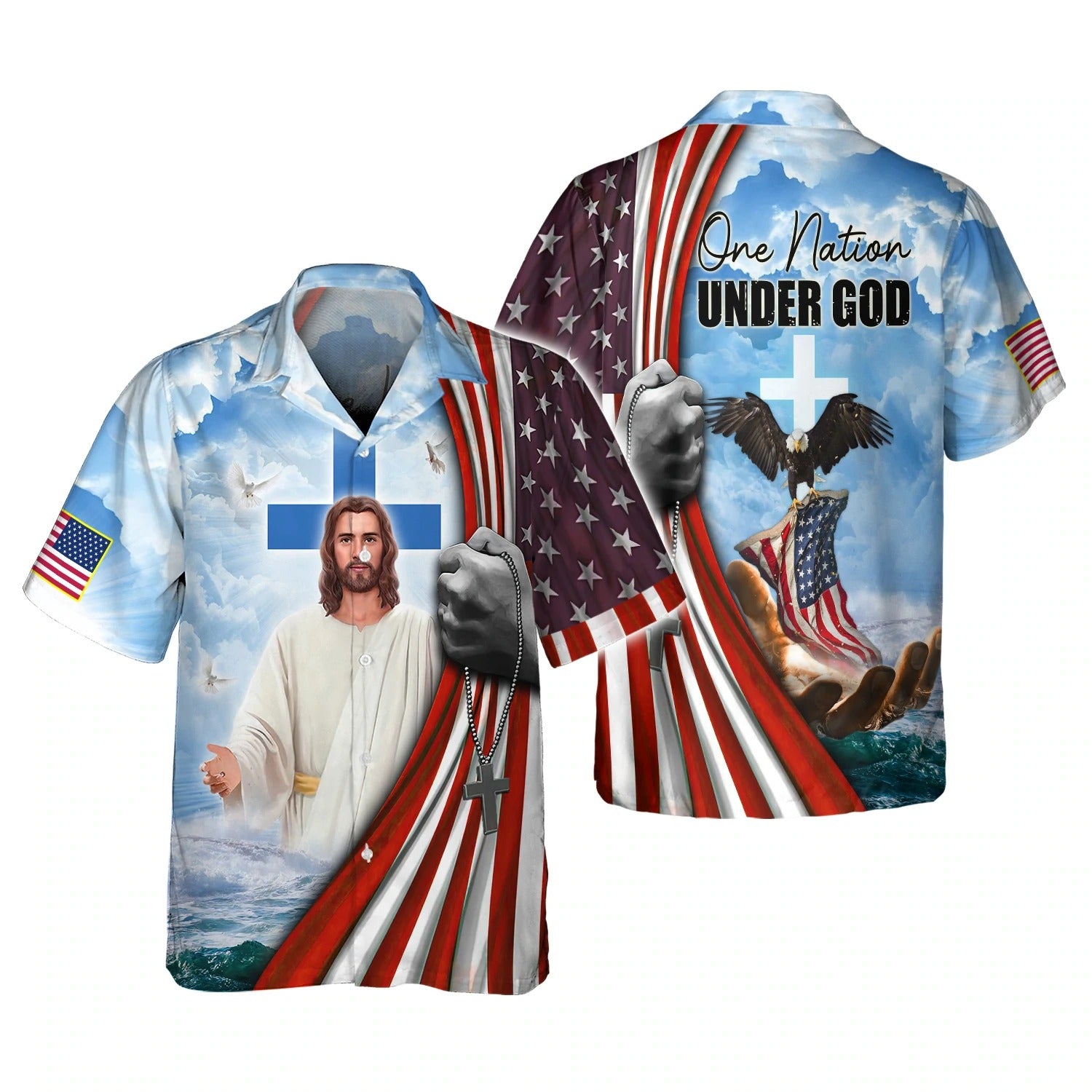 Jesus And Eagle 3D T Shirt/ 4Th Of July Patriotic All Over Print Tshirt Hoodie/ One Nation Under God Hawaiian Shirt