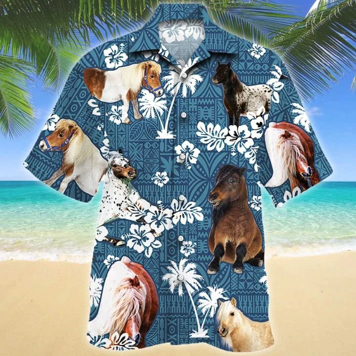 Miniature Horse Blue Tribal Pattern Hawaiian Shirt/ Horse Hawaiian shirts/ Horse aloha shirt for men/ Hawaii shirt woman