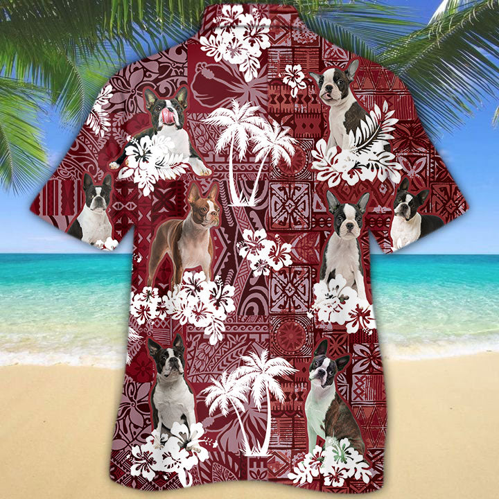 Boston Terrier Hawaiian Shirt/ Dog Aloha Beach Shirt Red Tribal Pattern