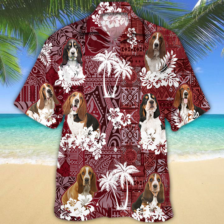 Basset Hound Hawaiian Shirt/ Dog In Hawaiian Shirt Red Tribal Pattern