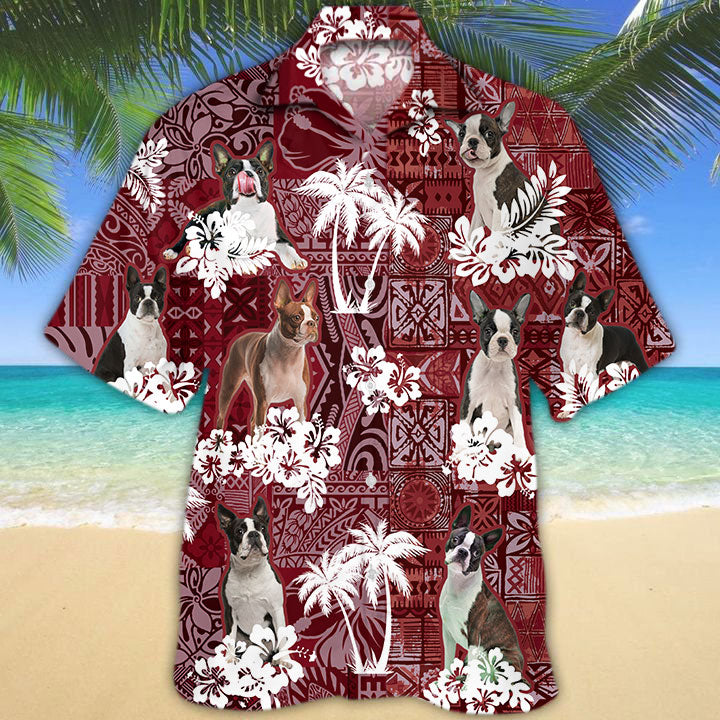 Boston Terrier Hawaiian Shirt/ Dog Aloha Beach Shirt Red Tribal Pattern