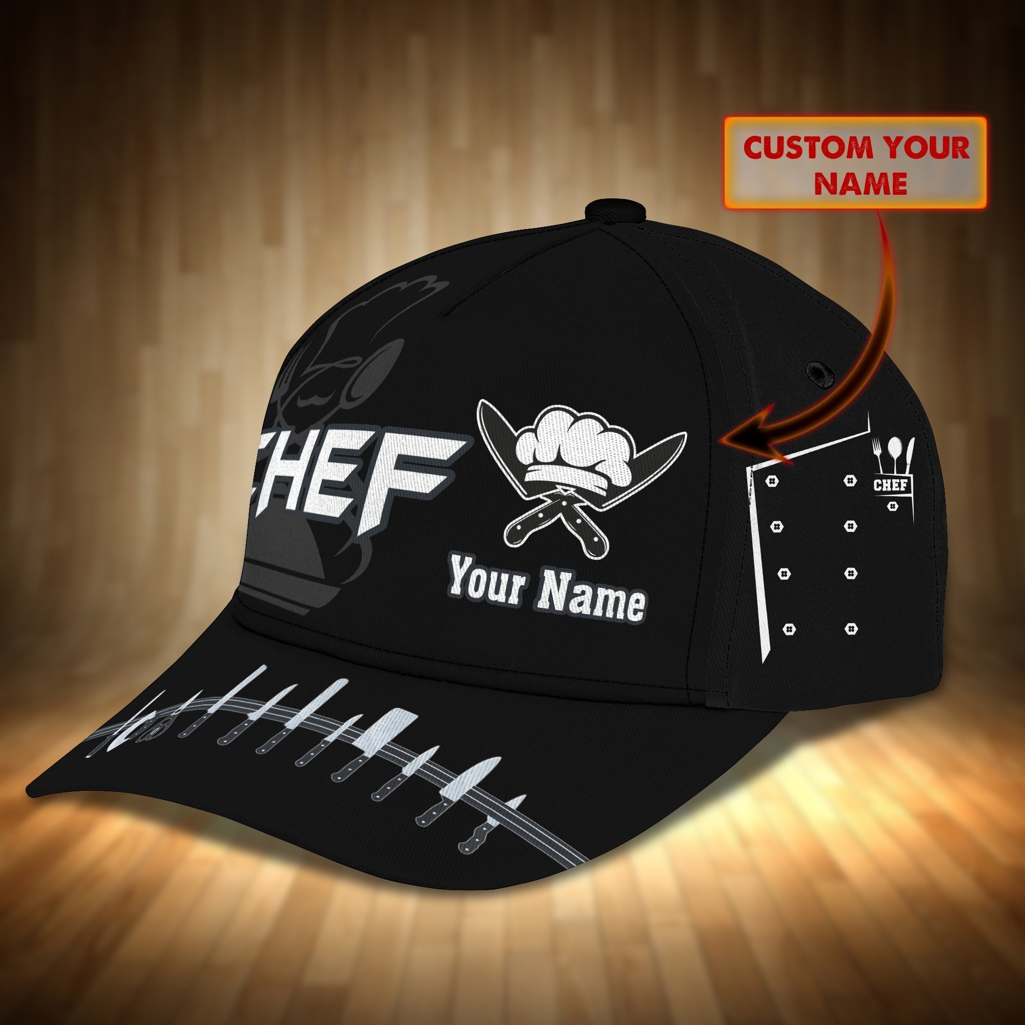 Personalized Black Baseball Chef Cap/ 3D All Over Printed Classic Chef Hat/ Chef Cap/ Present To Master Chef