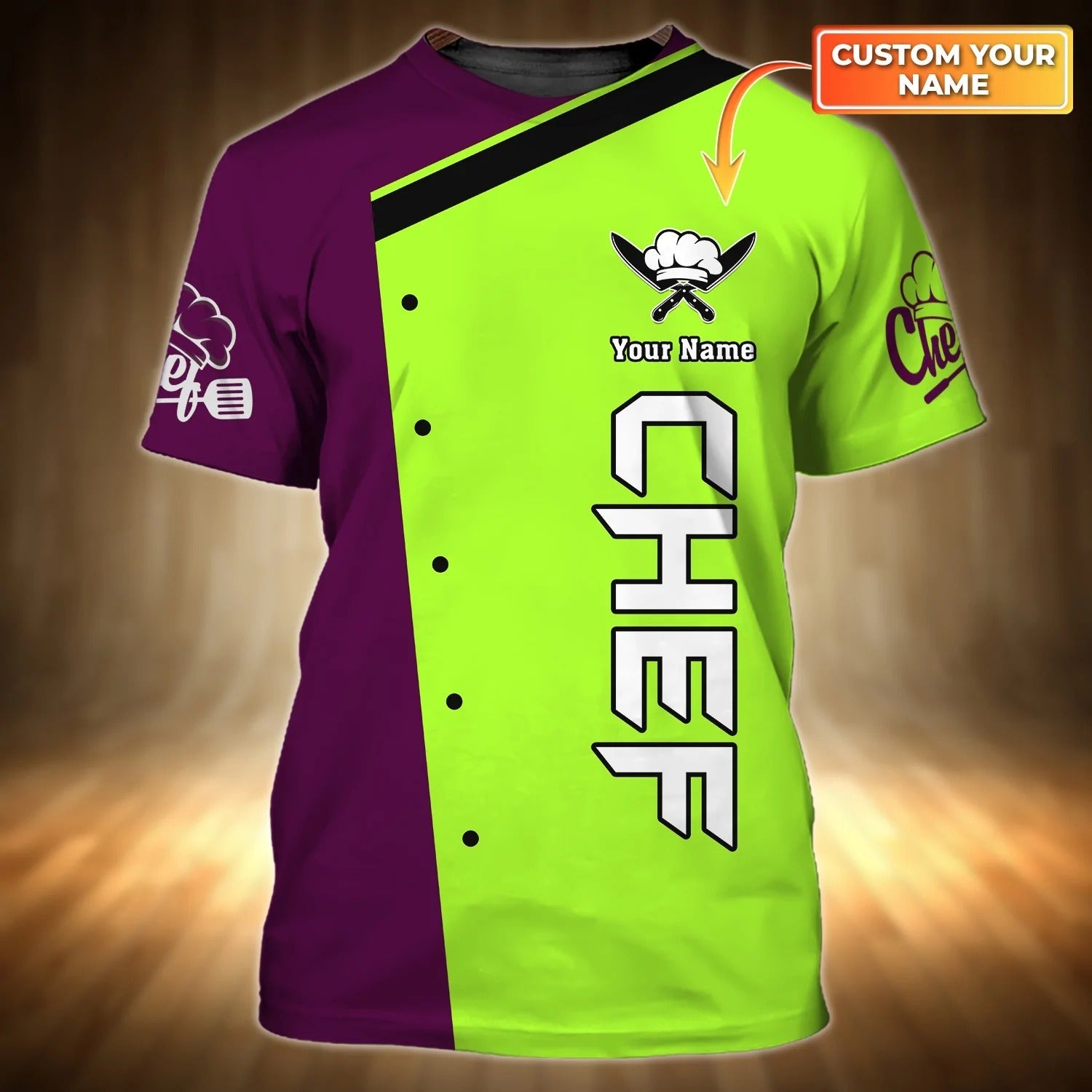 Personalized Master Chef Tshirt/ Neon Green And Eggplant Purple 3D All Over Print Chef Shirt