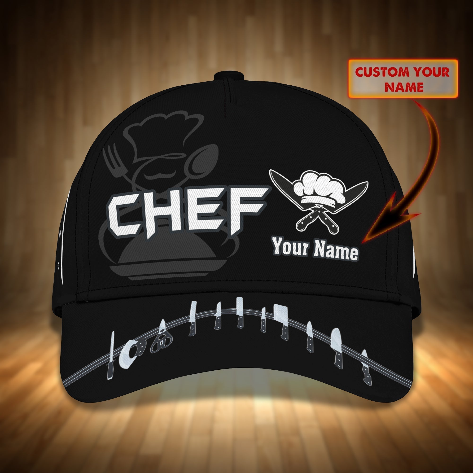 Personalized Black Baseball Chef Cap/ 3D All Over Printed Classic Chef Hat/ Chef Cap/ Present To Master Chef