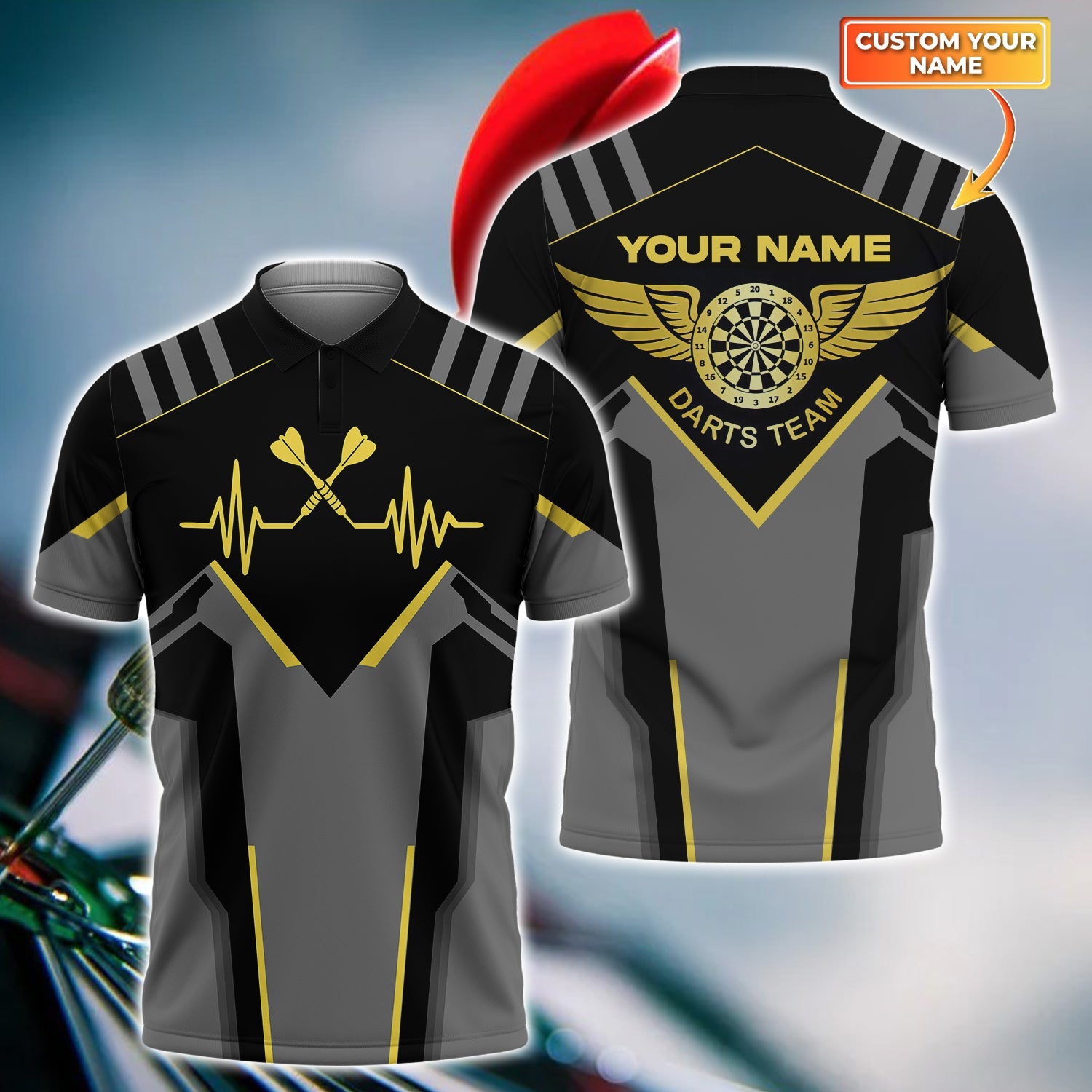 Darts Heart Pulse Line Personalized Name 3D Polo Shirt