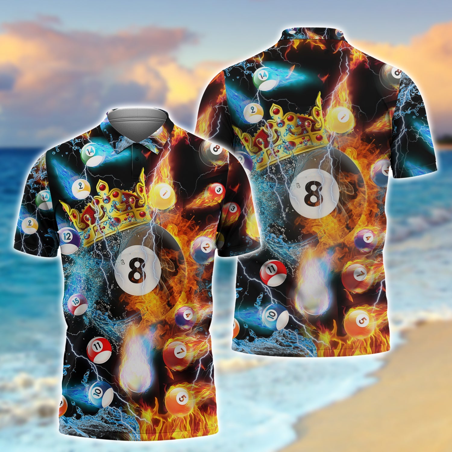 3D All Over Print King Of Ball Polo Shirt/ Ball On Fire Shirt/ Idea Gift for Billiards Player