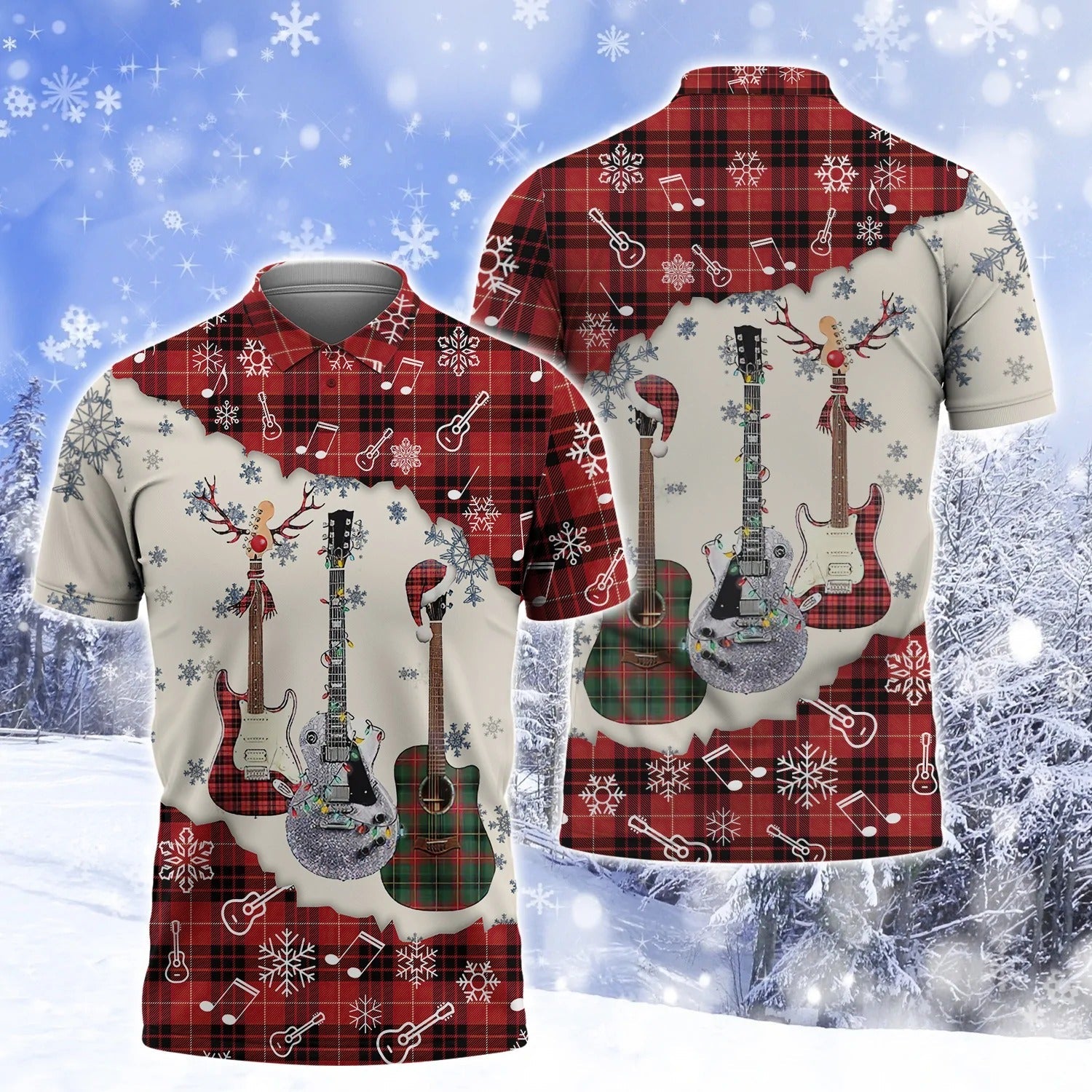 3D All Over Print Guitar Snow Hoodie Men Women/ Guitar Hawaiian Shirt Shirt Sleeve/ Christmas Gift For Guitarist