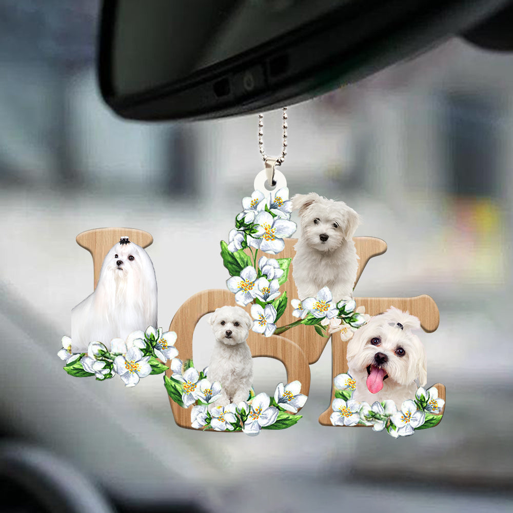 Car Hanging Ornament Maltese Love Flowers Dog Lover Ornaments