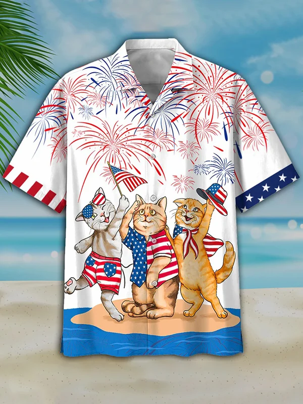 Men''s 4th of july Cat hawaiian shirt - Independence Day hawaiian shirt/ USA Patriotic Hawaiian Shirt