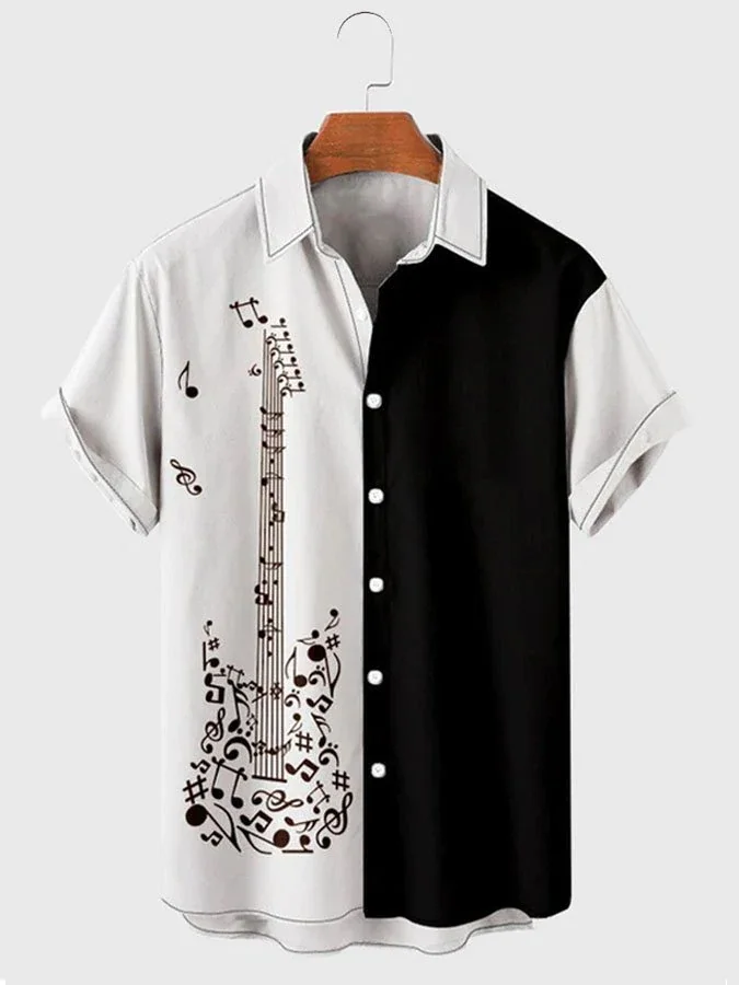 Guitar hawaiian shirt/ Mens Music Festival Print Round Hem Loose Short Sleeve Hawaiian Shirts