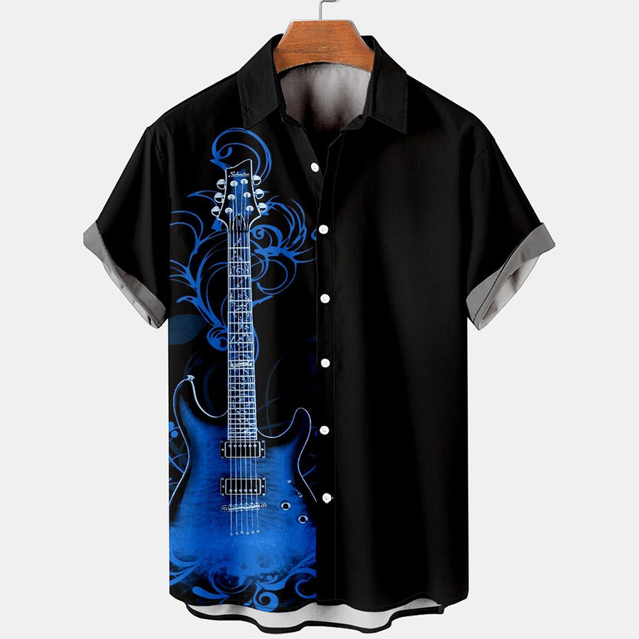 Men''s Guitar Pattern Casual Print Loose Short Sleeve hawaiian Shirt